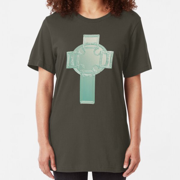 Celtic Cross Aqua/Ecru Bas Relief T-Shirt Slim Fit T-Shirt