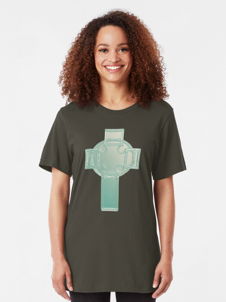 Alternate view of Celtic Cross Aqua/Ecru Bas Relief T-Shirt Slim Fit T-Shirt