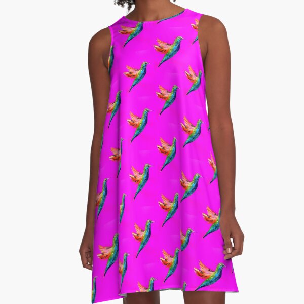 Hot pink with hummingbird A-Line Dress