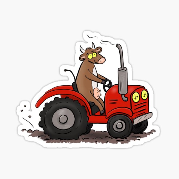 Funny cow driving a red tractor farming cartoon Sticker