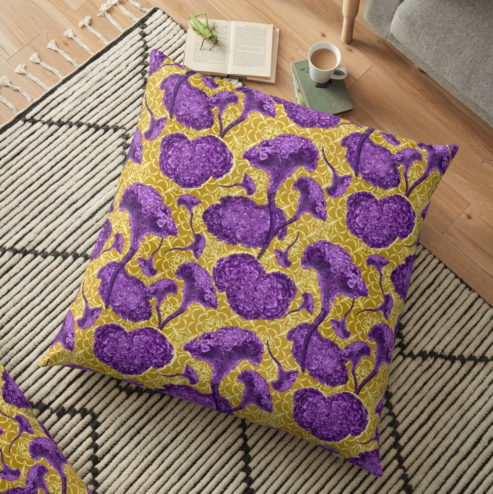 Celosia cristata (Cockscomb) flowers on golden mandala Floor Pillow