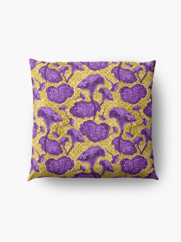 Alternate view of Celosia cristata (Cockscomb) flowers on golden mandala Floor Pillow