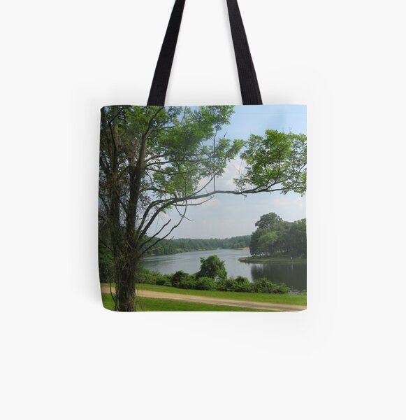 #landscape #tree #grass #water nature lake river summer wood outdoors environment reflection sky All Over Print Tote Bag