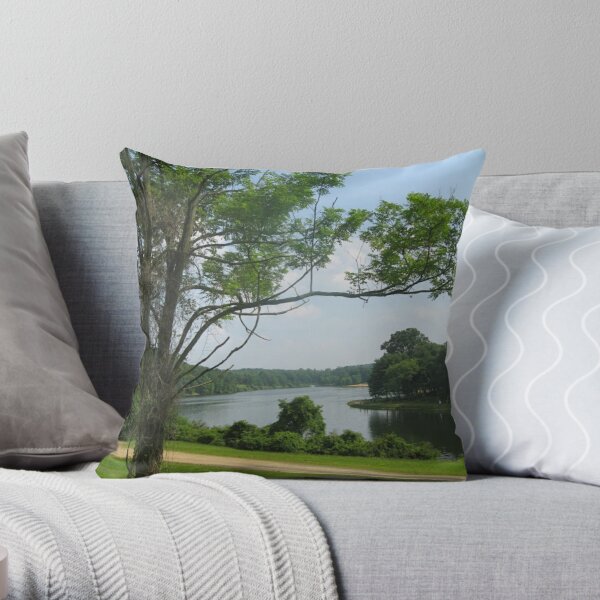 #landscape #tree #grass #water nature lake river summer wood outdoors environment reflection sky Throw Pillow