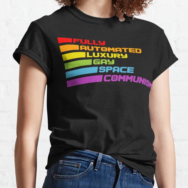 Vista previa del artículo con la obra «Comunismo gay totalmente automatizado», diseñado y vendido por halfabubble.