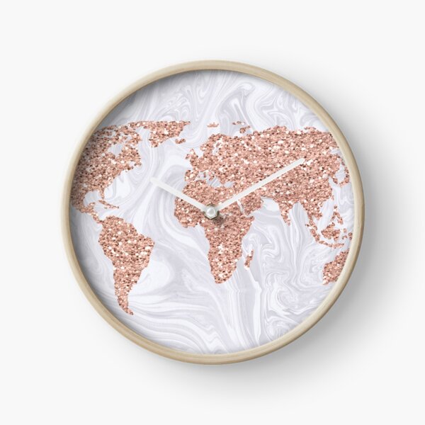 Rose Gold Glitter World Map on White Marble Clock