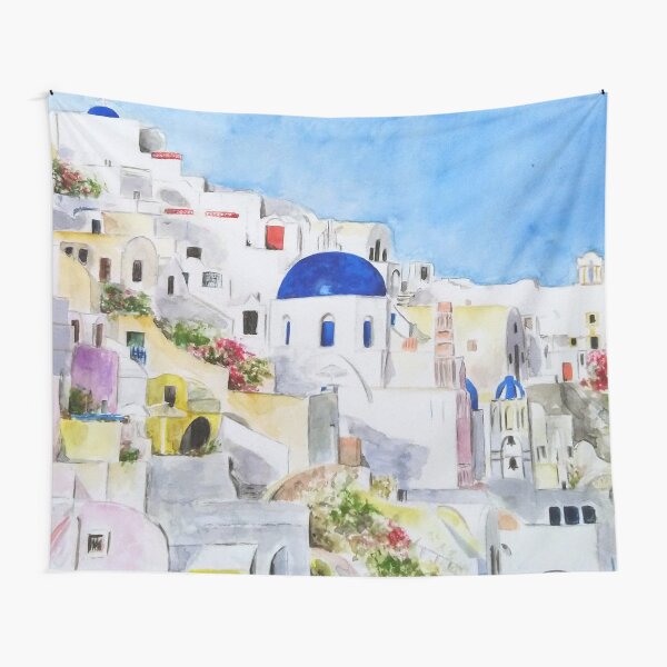 Santoroni Greece Aegean sea watercolor painting Tapestry