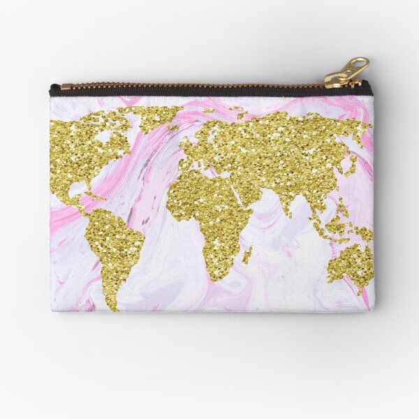 Gold Glitter World Map on Marble Zipper Pouch