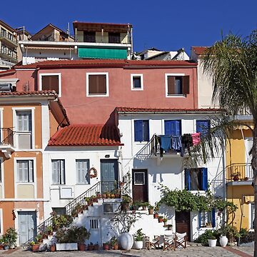 Old colorful buildings street Parga Greece summer season