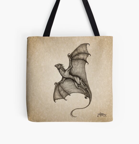 "Hurricane Wyvern" by artist Amber Marine ~ (Copyright 2016) ~ Ink & Graphite Dragon Art All Over Print Tote Bag