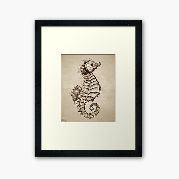 "Fantasy Seahorse" by Amber Marine~ vintage style ink illustration, © 2016 Framed Art Print