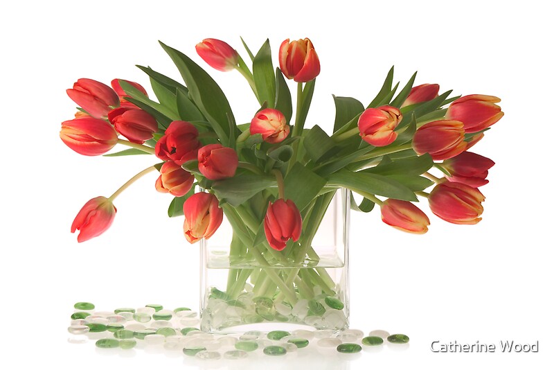 "Flower Arrangement with Red Tulips" by Catherine Wood Redbubble