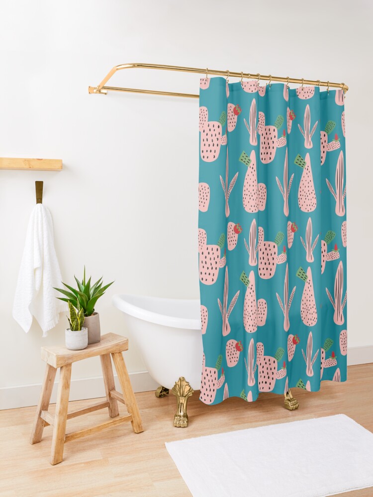 Alternate view of Mid Mod Cactus Teal Shower Curtain
