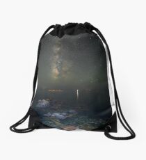 Milky way at a rocky sea coast in Syros island, Greece Drawstring Bag