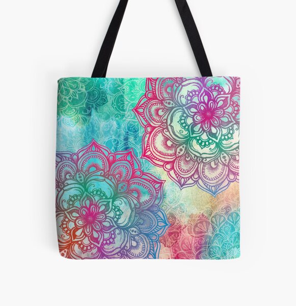 Hand Painted Floral Pattern in Teal & Navy Blue Tote Bag for Sale