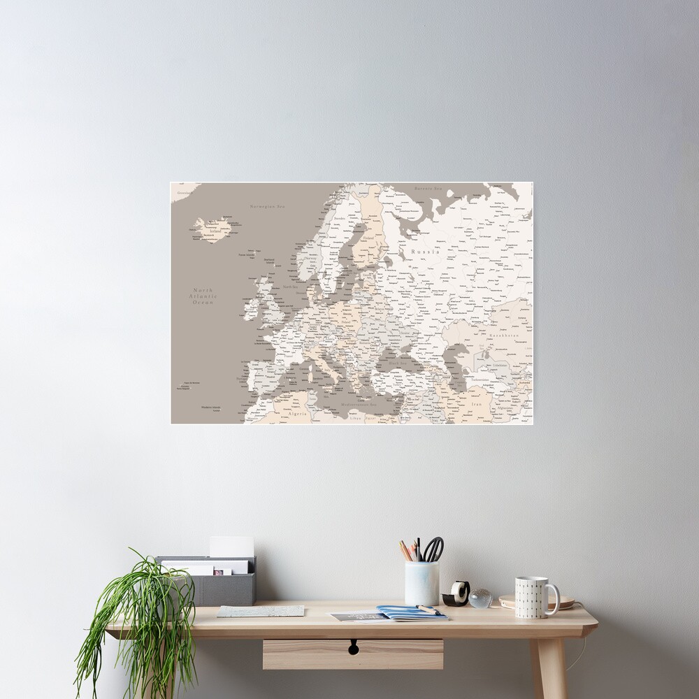 Light brown map of Europe with cities Poster