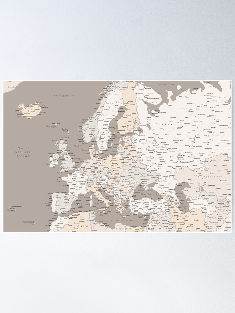 Alternate view of Light brown map of Europe with cities Poster