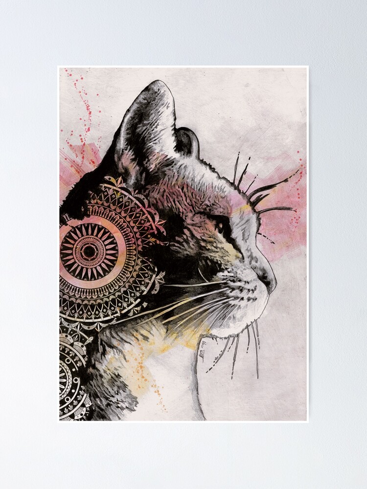 Poster Dessin De Chat Tigre Avec Mandala Et Coups De Pinceau De Couleur Par Kiss My Art Redbubble