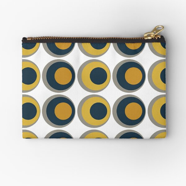 Double Dots Retro Pattern in Light and Dark Mustard Yellow, Navy Blue, Grey, and White Zipper Pouch