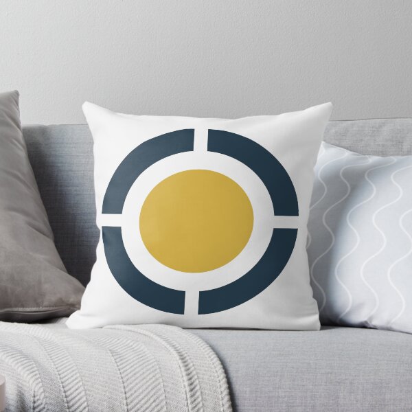 Globus: circular design in light mustard yellow, navy blue, and white Throw Pillow