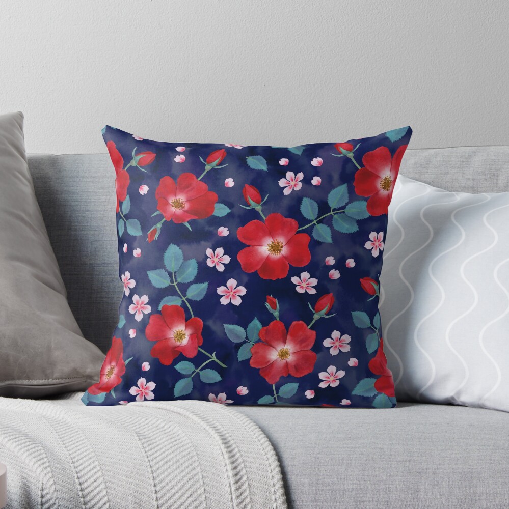 Moody Wild Roses Throw Pillow