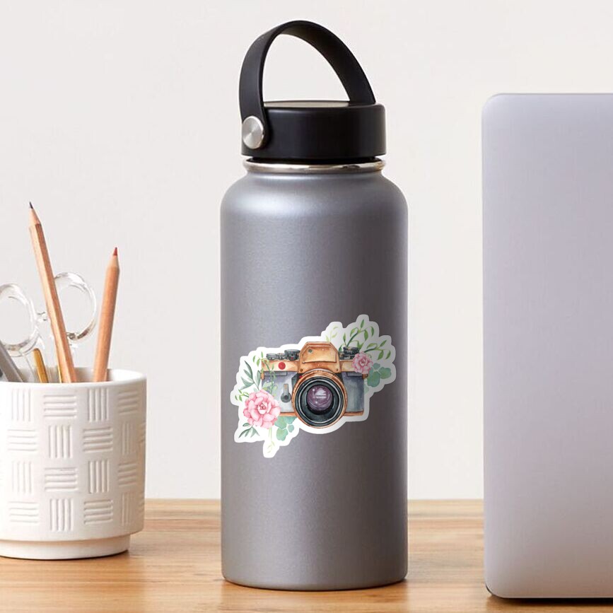 Watercolor camera, watercolor flowers, photographer gift, photography, camera, flowers Sticker