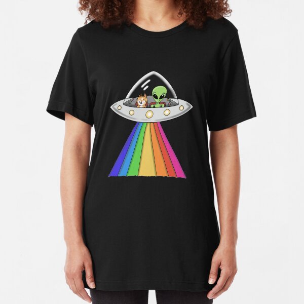 Alien and Cat in Flying Saucer by Silvana Arias Slim Fit T-Shirt