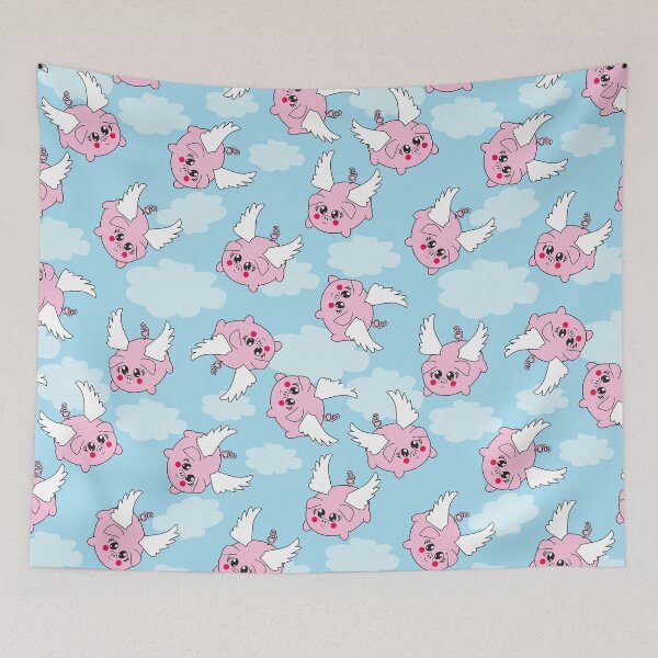Item preview, Flying Piggies on a soft blue sky with clouds background all over pattern. designed and sold by MMPlastic.