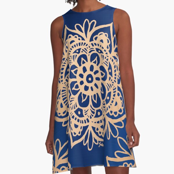 Blue and Gold Mandala A-Line Dress