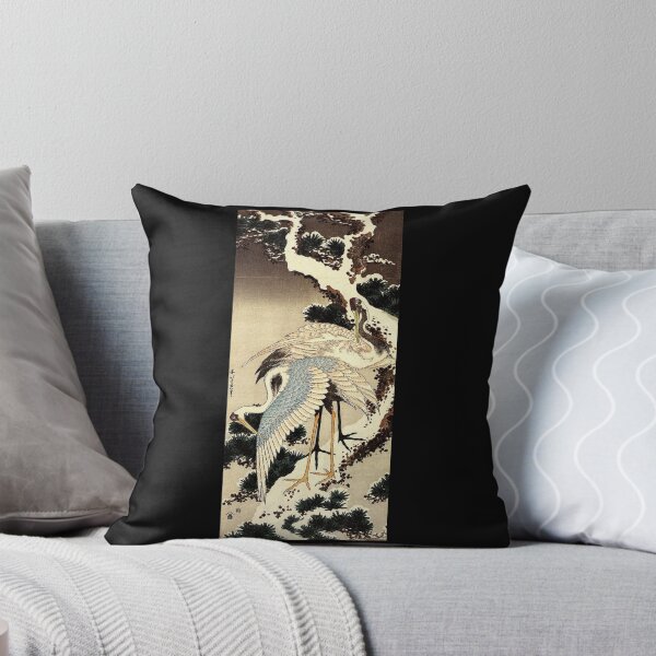 'Two Cranes on a Pine Covered with Snow' by Katsushika Hokusai (Reproduction) Throw Pillow