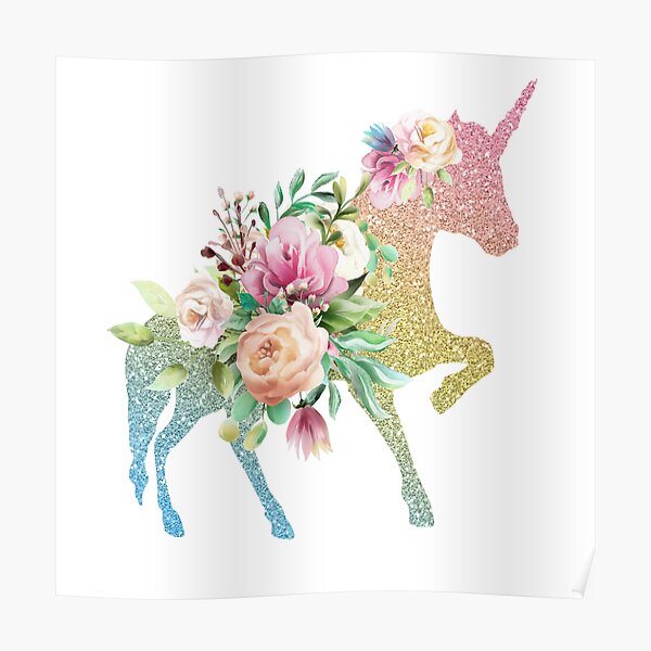 Floral rainbow glitter unicorn Poster