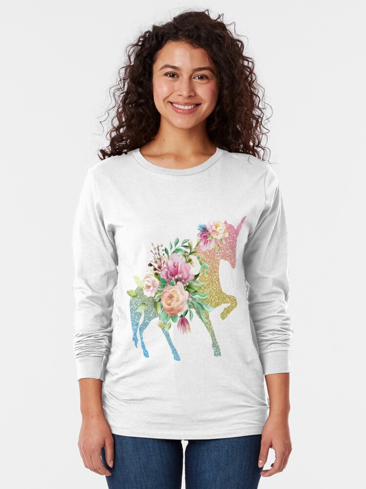 Women White Rainbow Unicorn Long Sleeve T-Shirt