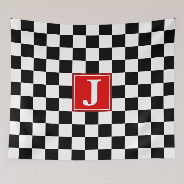 Aperçu de l'œuvre Damier noir et blanc à motif monogramme rouge J créée et vendue par rewstudio.