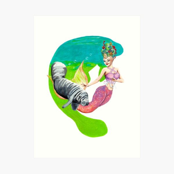 Mermaid and Manatee Art Print