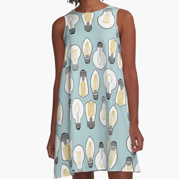 Light bulbs pattern in every shapes and light blue background A-Line Dress