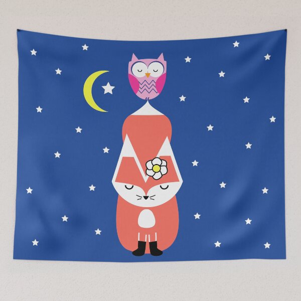 Item preview, Fox  and Owl Beneath a Crescent Moon designed and sold by CoralFoxDesigns.
