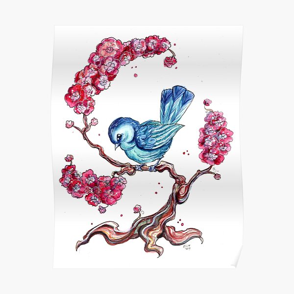 Blue Bird with Cherry Blossoms Poster