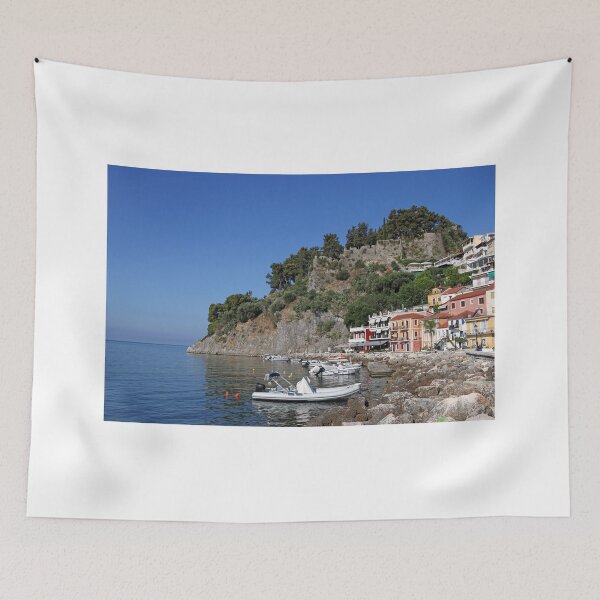 Item preview, colorful buildings and old fortress Parga Greece summer season designed and sold by goceris.