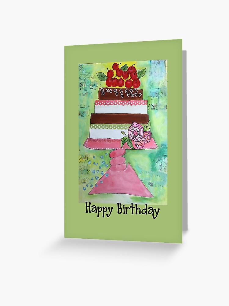 Carte De Vœux Carte De Joyeux Anniversaire Gateau Avec Cerise Sur Le Dessus Par Chrisq25 Redbubble