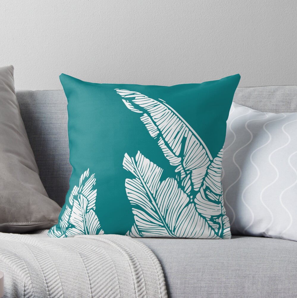 Teal Banana Leaf Pattern Pillow Throw Pillow