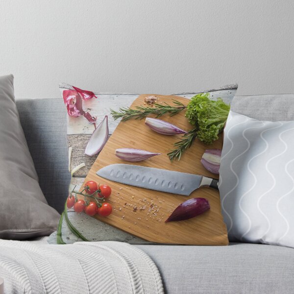 Item preview, Knife with healthy food - vegetables, onion, salad, tomatoes, potato placed on a cutting board with wood background top view designed and sold by Alex2789.