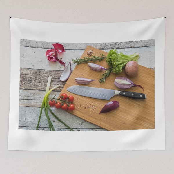 Item preview, Knife with healthy food - vegetables, onion, salad, tomatoes, potato placed on a cutting board with wood background top view designed and sold by Alex2789.