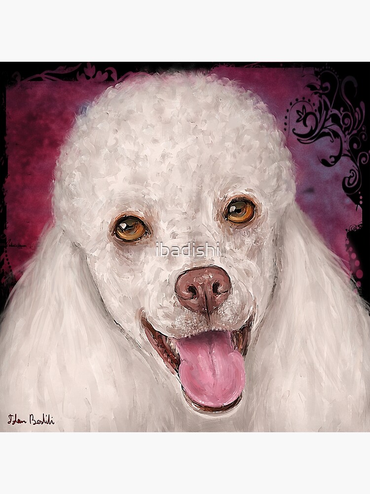 Smiling Poodle Original Acrylic Painting framed, hot 7x10 Hand Painted Frame, Happy White Poodle Art Dog Portrait, California Landscape, Mernie