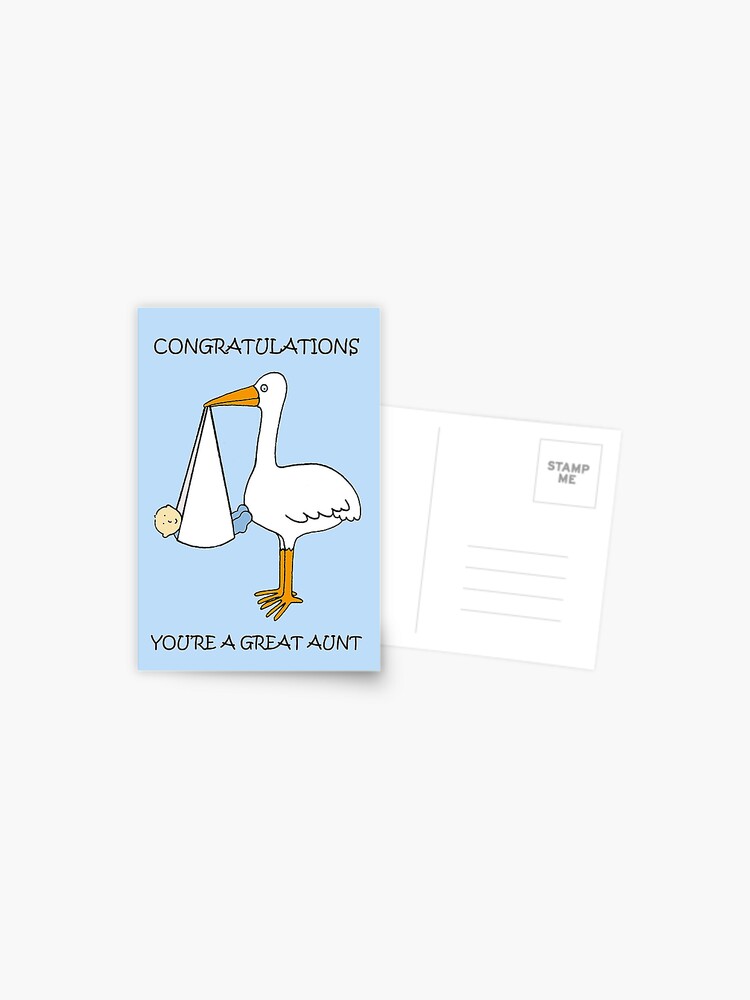 Carte Postale Felicitations Vous Etes Une Grande Tante Bebe Garcon Dessin Anime Cigogne Par Katetaylor Redbubble