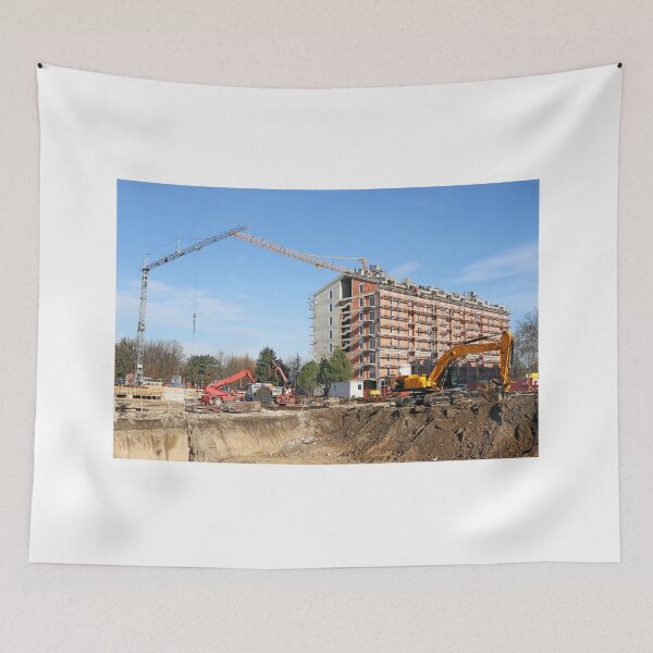 Item preview, new building construction site with workers cranes and excavator designed and sold by goceris.