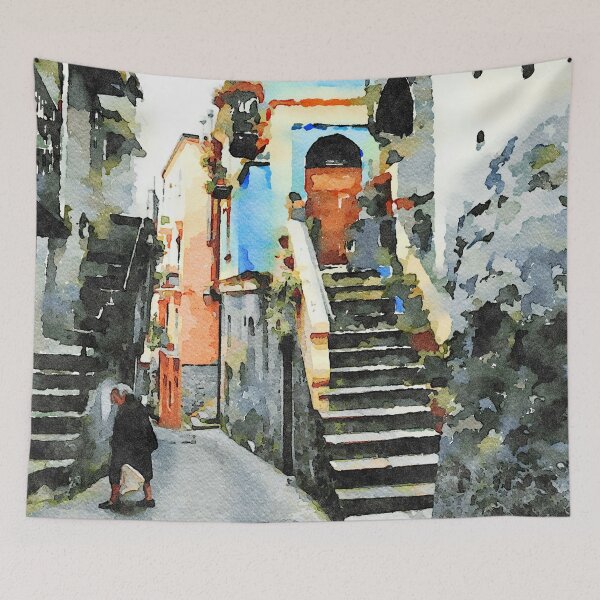 Item preview, Old woman in the alley with stairs and blue building designed and sold by Giuseppe Cocco.
