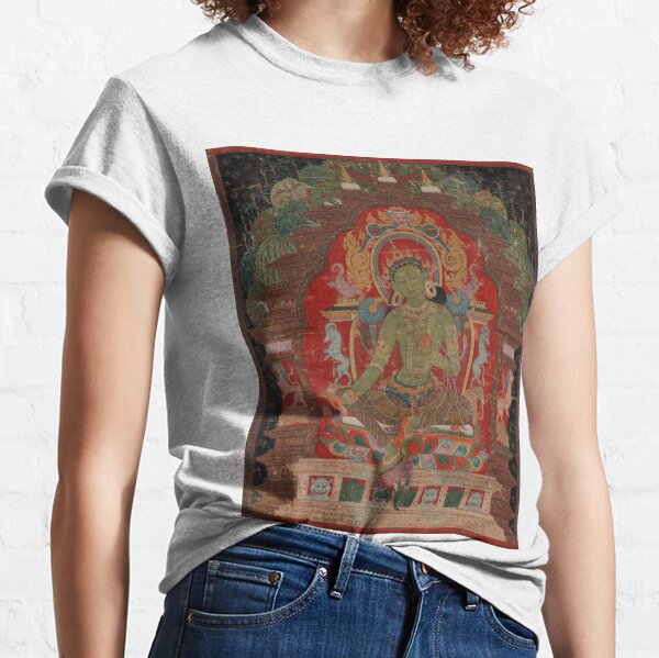 Green Tara (Khadiravani) is usually associated with protection from fear and the eight obscurations: pride, ignorance, hatred and anger,  jealousy, bandits and thieves and so on.  Classic T-Shirt