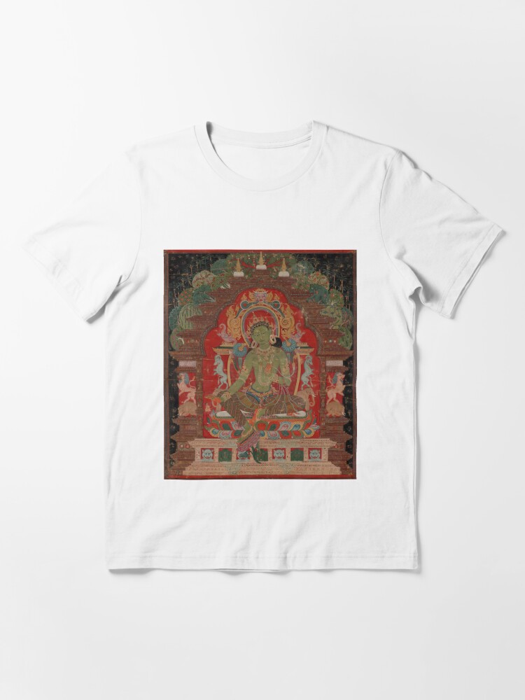 Alternate view of Green Tara (Khadiravani) is usually associated with protection from fear and the eight obscurations: pride, ignorance, hatred & anger, jealousy, bandits and thieves and so on #GreenTara #Khadiravani Essential T-Shirt