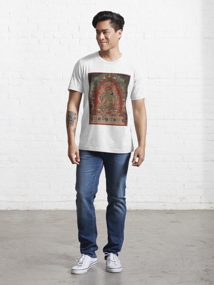 Alternate view of Green Tara (Khadiravani) is usually associated with protection from fear and the eight obscurations: pride, ignorance, hatred & anger, jealousy, bandits and thieves and so on #GreenTara #Khadiravani Essential T-Shirt