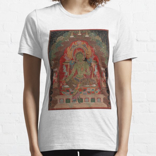 Green Tara (Khadiravani) is usually associated with protection from fear and the eight obscurations: pride, ignorance, hatred and anger,  jealousy, bandits and thieves and so on.  Essential T-Shirt